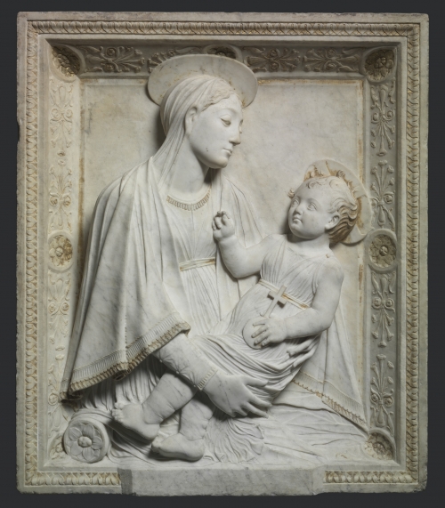 Madonna and Child, carved in Rome in 1461| Marble relief with traces of gilding, 36-7/8 x 31-7/16 | Mino da Fiesole | Italian, Florence, 1430-84 | The Cleveland Museum of Art Gift of Mrs. Leonard C. Hanna  1928.747