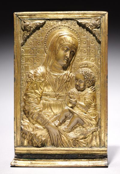 Pax with the Madonna and Child | Gilt-bronze, silver, blue enamel (6-1/4 x 4-1/8 inches), late 1400s Follower of Antonio Rossellino | Italian, Florence, 1427-1479 | The Cleveland Museum of Art, Norman O. Stone and Ella A. Stone Memorial Fund  1968.24