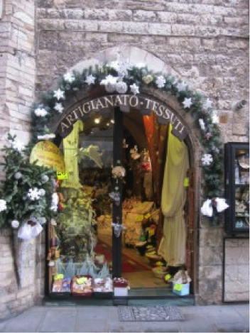 White snowflakes surround the entrance to the textile shop