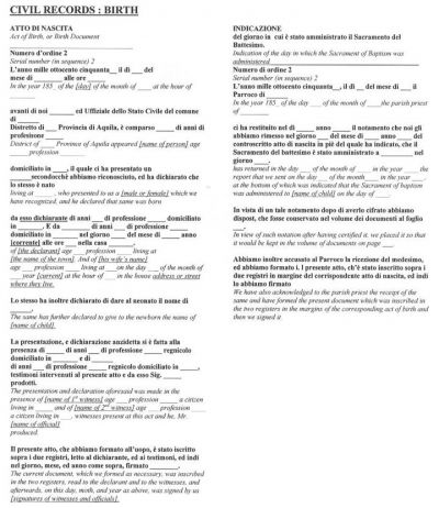 This facsimile of an Italian Civil Birth Record from the Family Search Research Wiki makes learning how to translate an Italian record much easier.