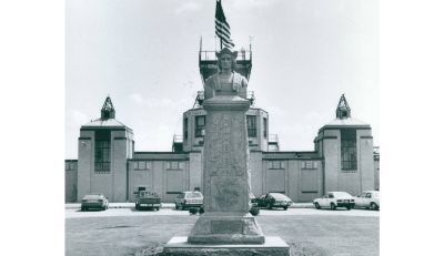 Statue of Christopher Columbus in front of the Akron Fulton Airport, 1988