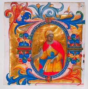Miniature from a Choir Book:  Initial D with a Prophet Tempera and gold on vellum, 6-5/8 x 6-1/4 inches Lorenzo Monaco Italian, Florence, 1370-1424 The Cleveland Museum of Art, Purchase from the J.H. Wade Fund  1949.536