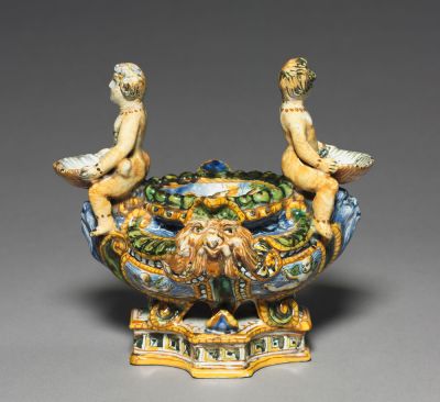 Maiolica Saltcellar (one of a pair) Tin-glazed earthenware, H. 8 inches. Italy, Urbino, about 1550-1600. The Cleveland Museum of Art Gift of Mr. and Mrs. Philip R. Mather 1945.126.1