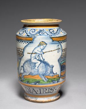 Pharmacy Jar (Albarello) | Tin-glazed earthenware, h. 8-7/8 inches Italy, Siena, ca. 1510 | The Cleveland Museum of Art, |  Gift of the Twentieth Century Club  1965.553