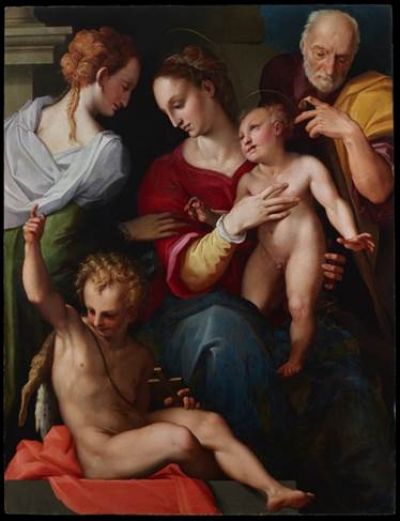 “Holy Family with the Mystic Marriage of Saint Catherine,” c. 1560. Tommaso Manzuoli, called Maso da San Friano (Italian, 1531–1571). Oil on panel; 148 x 103 cm. The Cleveland Museum of Art, Leonard C. Hanna, Jr. Fund 2019.168