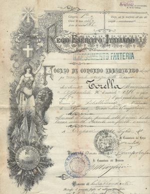 An example of the Foglio di Concedo Illimitato, an Italian military discharge certificate. This record shows that Domenicantonio Torella served in the Italian army from September 8, 1888 until July 21, 1891. Records like these contain a good deal of genealogical information and are an excellent alternative when vital records cannot be located.  