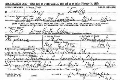 This WWII “Old Man’s Draft Registration” provides genealogical details about Roslyn Torella’s immigrant grandfather who was required to register for the draft even though he was an  “enemy alien” and of advanced age for military service.