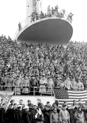 First football game ever played in Florence, Italy on January 1, 1945 between the U.S. Army and the U.S. Air Force.