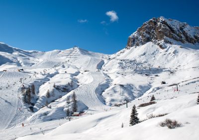 Skiing area in the Dolomites Alps. Overlooking the Sella group in Val Gardena. Italy
