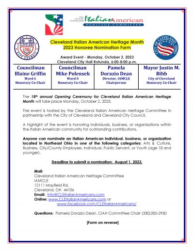 Nominate an Honoree for 2023 Cleveland  Italian American Heritage Month