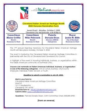 Nominate an Honoree for 2022 Cleveland Italian American Heritage Month