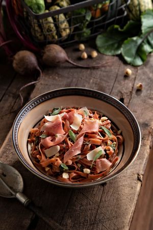 Beet Linguine with Pesto  and Prosciutto