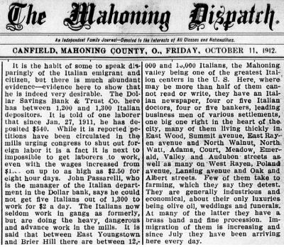 Newspaper Clip Brings to Life  1912 World of Youngstown Immigrants