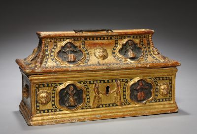 Casket (Coffanetto) | Painted and gilded gesso on wood (16-1/4 x 9-1/8 inches) | Italy, Siena, late 1300s | The Cleveland Museum of Art, | John L. Severance Fund  1954.600