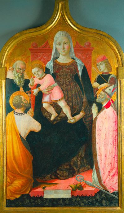 Madonna and Child with Saints Tempera and gold on wood panel (56-11/16 x 33-1/4 inches) Lorenzo da Sanseverino Italian, Marche, ca. 1468-1500 The Cleveland Museum of Art, Holden Collection  1916.800