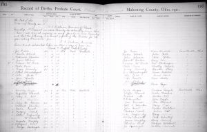 This page, from Mahoning County (Ohio) Probate Court’s Record of Births book, lists births for the years 1905 and 1906 which predates statewide birth registration which began in 1908. The first entry is for Joe Feraro, showing his parents as Joe Feraro and Maria DiSabato. Joe grew up to use the name James Ferraro. Later vital records for this family record Maria’s maiden name as Sabato. This record illustrates that you need to have an open mind and search for name variations when researching the birth records of the children of immigrants.