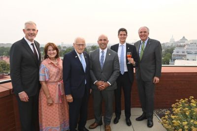 Gerald Kunde, SVP of Institutional Affairs and Corporate Communications at Ferraro North America; Anita Bevacqua McBride, co-chair of the NIAF Government Affairs and Public Policy Program; Congressman Pascrell (D-NJ); Congressman Panetta (D-CA); Marco Barassi, Government Relations and Sustainability Director Americas at Campari Group; and John F. Cavelli, Executive Vice Chairman of NIAF