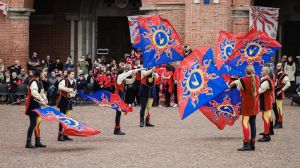 Performers elegantly wave vibrant flags while entertaining a lively audience in Alba, Italy. This festive event showcases local traditions and artistry, creating a joyful atmosphere.
